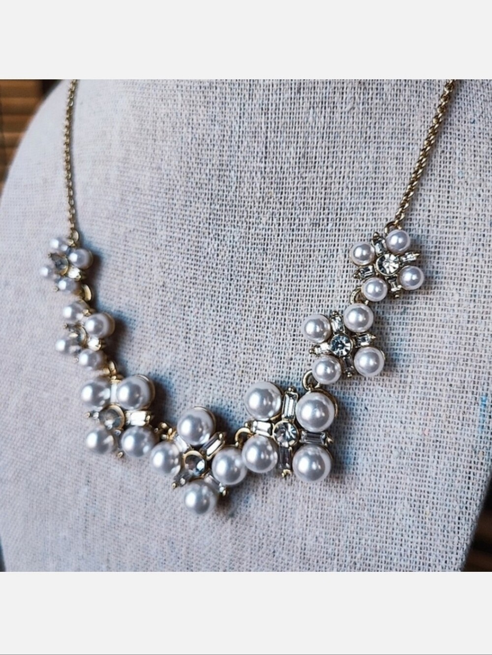 Anne Klein Faux White Pearls Gold Tone Necklace Crystal Clear Rhinestones Bridal